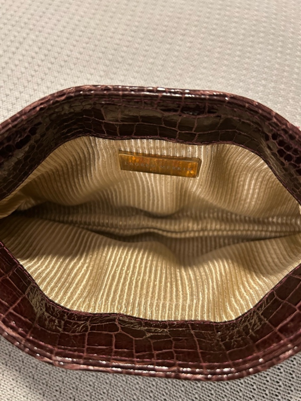Lauren Merkin Patent LeatherCroc-Embossed Burgundy Clutch with Gold Interior - Picture 3 of 7